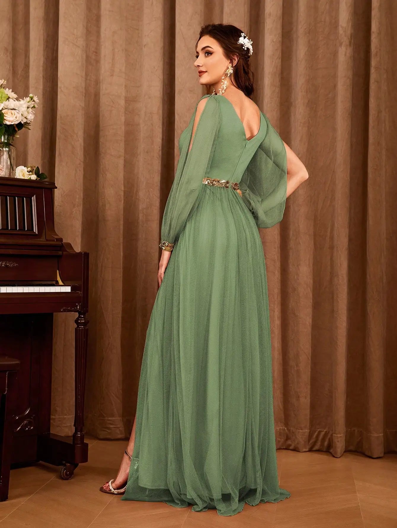 Gauze Applique Slit V-neck Maxi Dress Secondary image