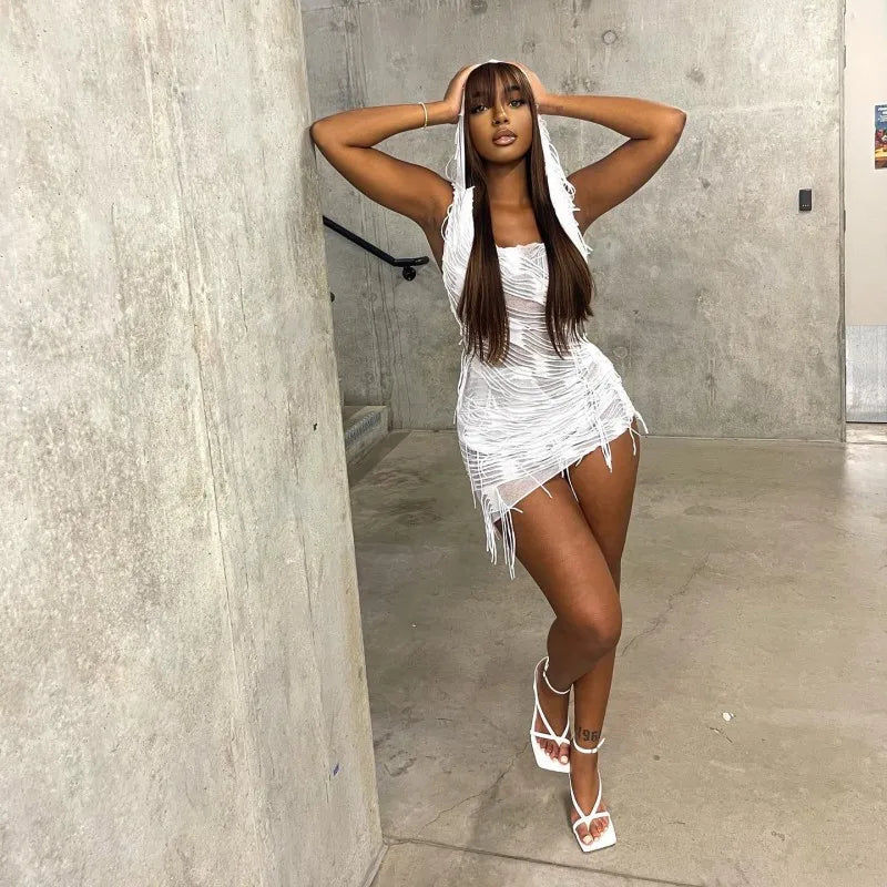 Tassel Hooded Slim Solid Mini Dress Secondary image
