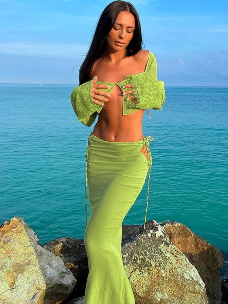 Green See Through Lace Cut Out Cropped Maxi Two Piece Skirt Set Secondary image