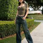 Button Up V-Neck Low-Cut Crop Top