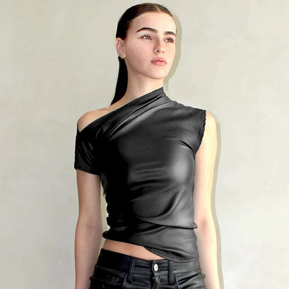 Leather Solid Waist Short Sleeve Crop Top Main image