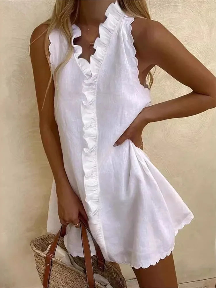 Cotton Linen Ruffle Sleeveless Mini Dress Main image
