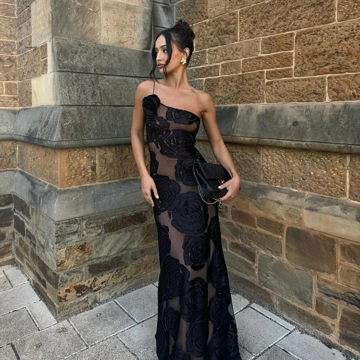 One Shoulder Mesh Flower Floral Dress Secondary image