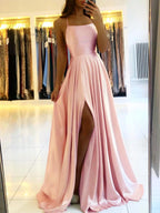 Blue Satin Spaghetti A-Line Prom Dress