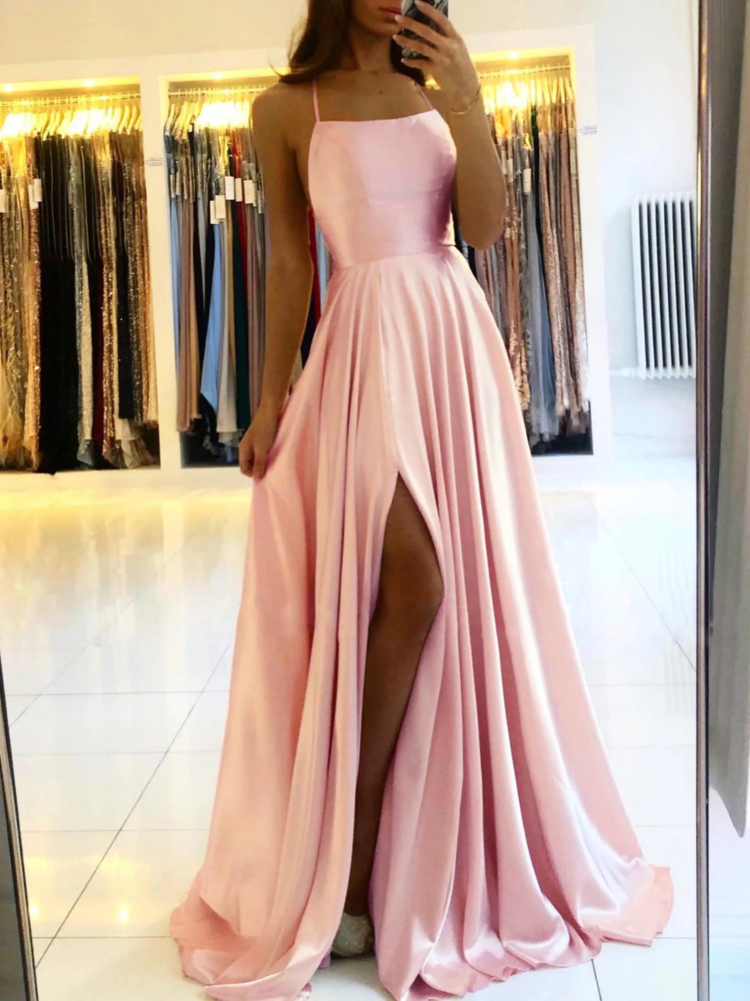 Blue Satin Spaghetti A-Line Prom Dress Main image