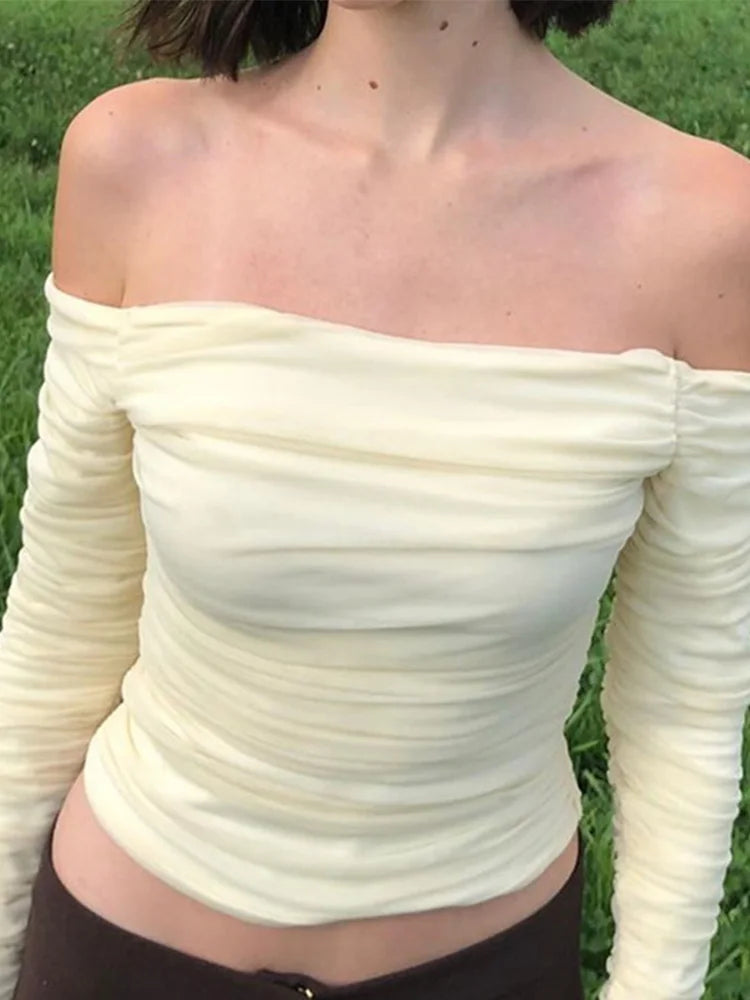 Mesh Patchwork Ruched Off-Shoulder Strapless