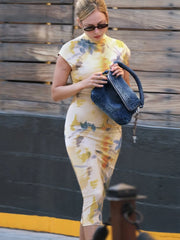 Tie Dye Turtleneck Slim Midi Dress