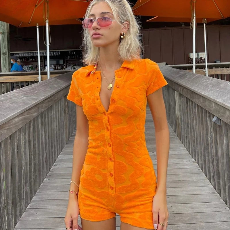 Flocking Lapel Short Sleeve Knit Romper Main image