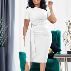 Pleated Band Collar Short Sleeve Pure Color Work Dress