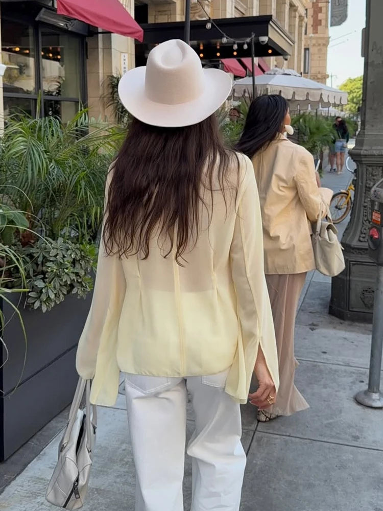 Light Yellow Chiffon Flare Sleeve Blouse Secondary image