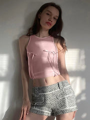 Pink Bow Sleeveless Crop Sheer Top