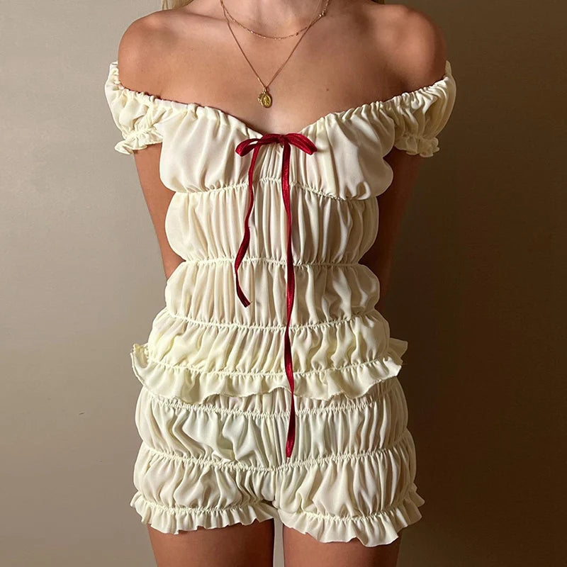 Vintage Ruched Off Shoulder Crop Top Two Piece Shorts Set