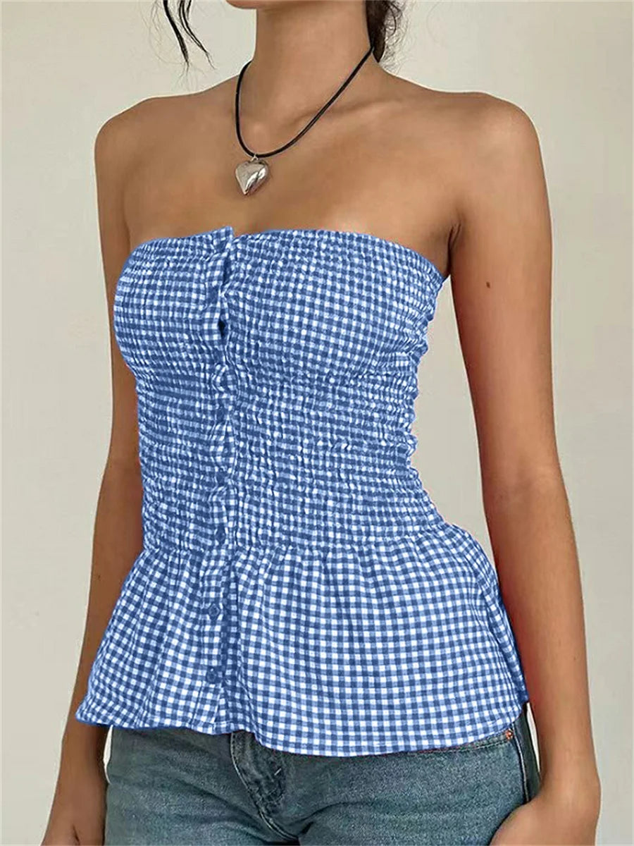 Red Gingham Ruffle Hem Strapless