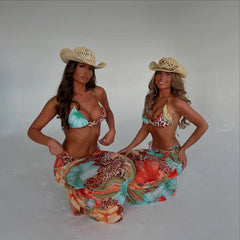 Print Skirt Shirring Halter Three Piece Swim Sets