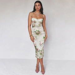 Silk Strap Lace Backless Floral Dress