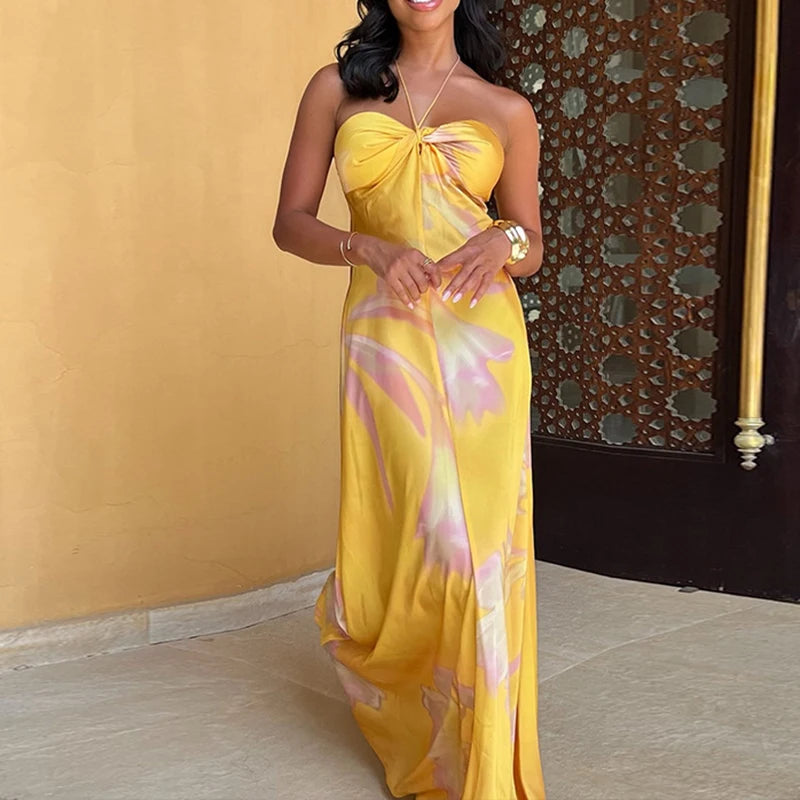Halter Satin Hollow Slim Floral Dress Main image