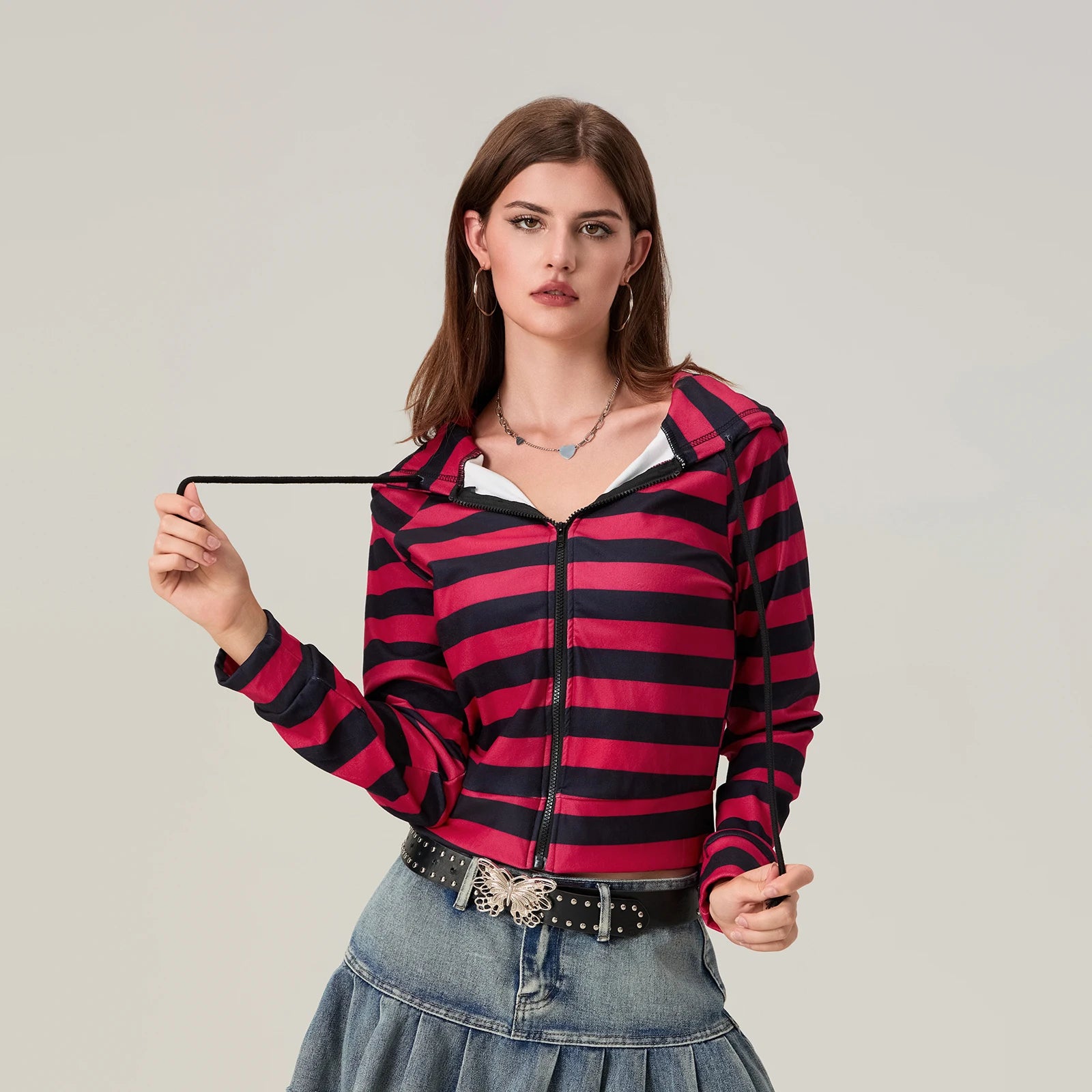 Striped Contrast Zip Cropped Hoodie