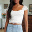 Lace Cap Sleeve Square Neck Crop Top