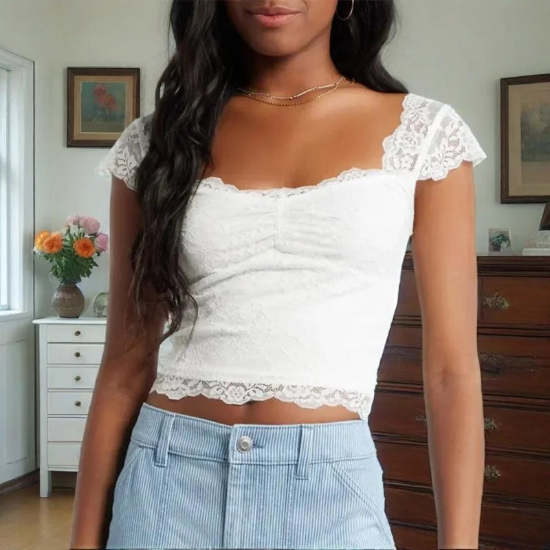 Lace Cap Sleeve Square Neck Crop Top Main image