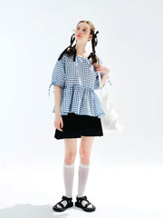 Plaid Lace-up Short Sleeve T-shirt Blouse