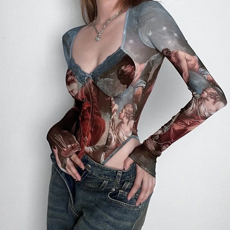 Colorblock Mesh Stitching Sheer Top Secondary image