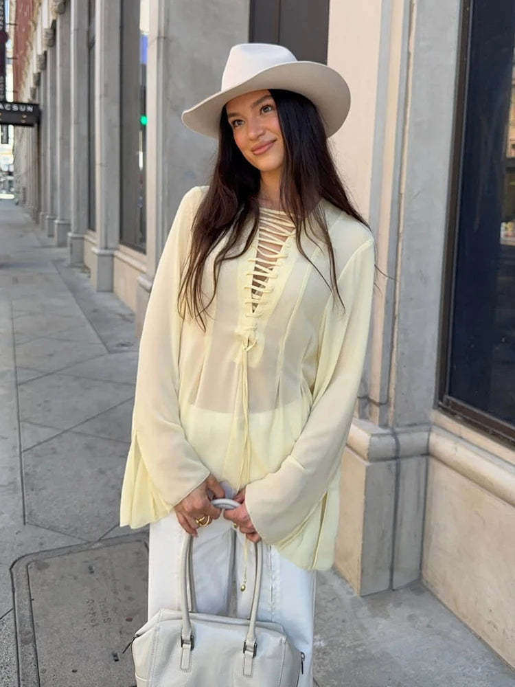 Light Yellow Chiffon Flare Sleeve Blouse Main image
