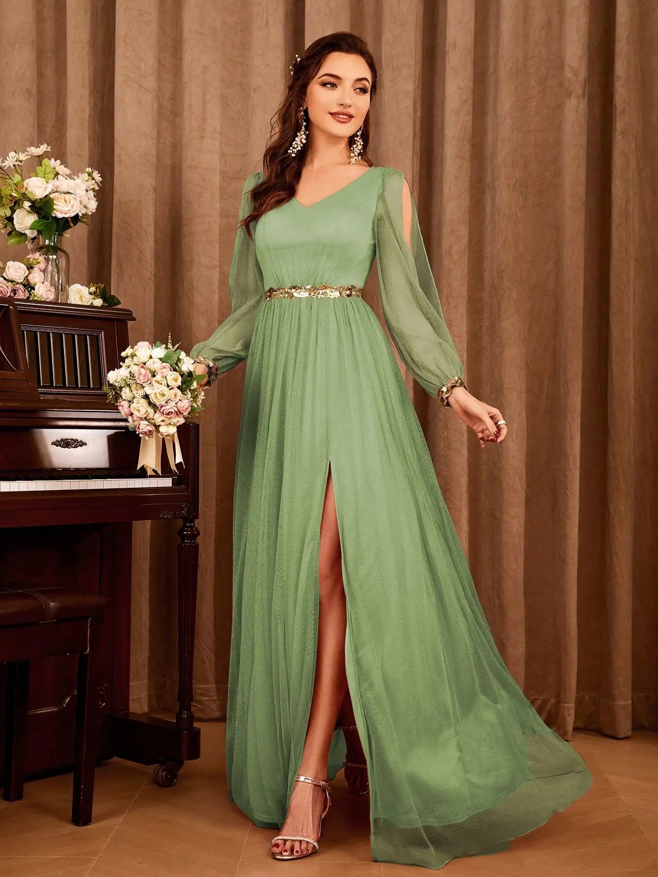 Gauze Applique Slit V-neck Maxi Dress Main image