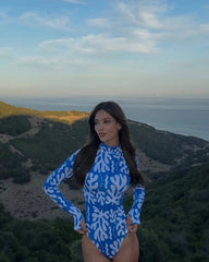 New Long Sleeve Zipper Print Vintage Surf One Piece Swimwear