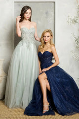 Navy Blue Lace Tulle Prom Dress
