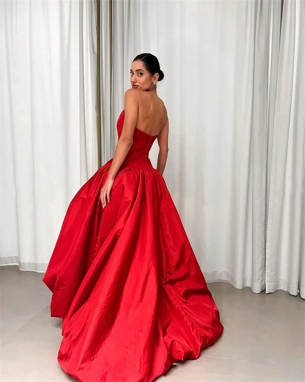 Pleated Red Satin Strapless Party Dress Main image