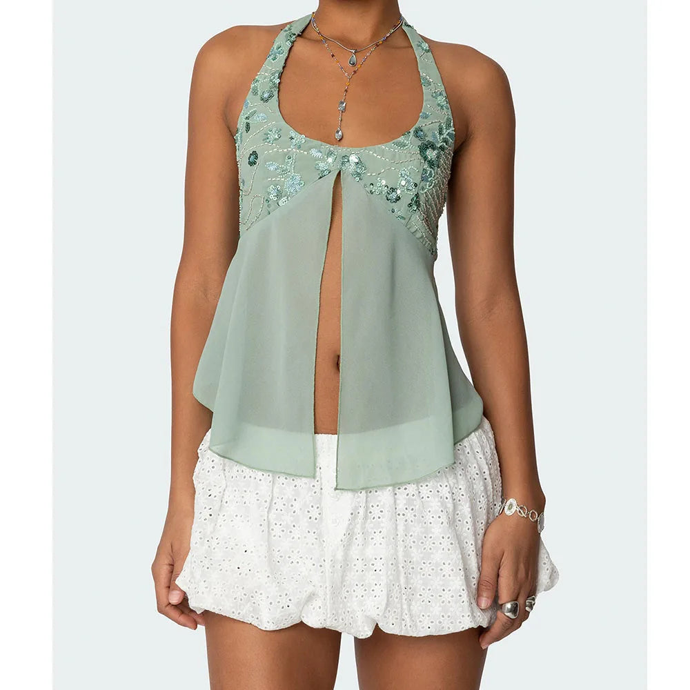 Pearl Embellished Sequins Halter Backless Cami Top Main image