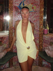 Lace-Up Backless V Neck Halter Mini Dress