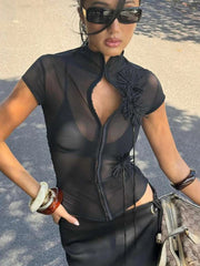 Tassel Applique Mesh Sheer Top