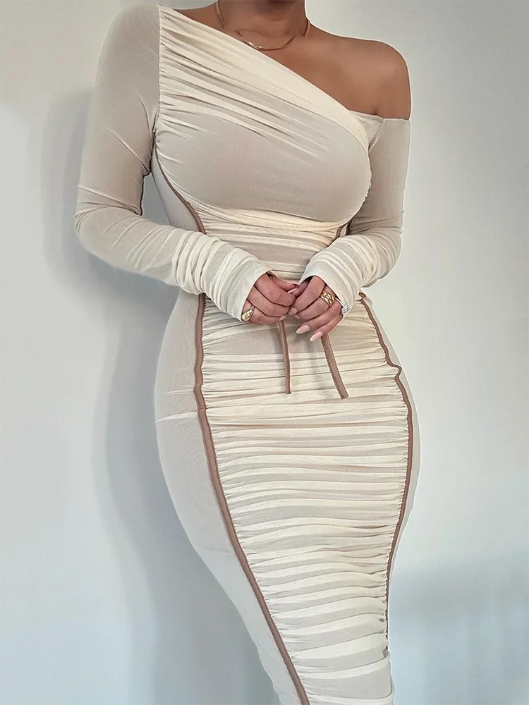 Diagonal Collar Long Sleeve Midi Dress Main image