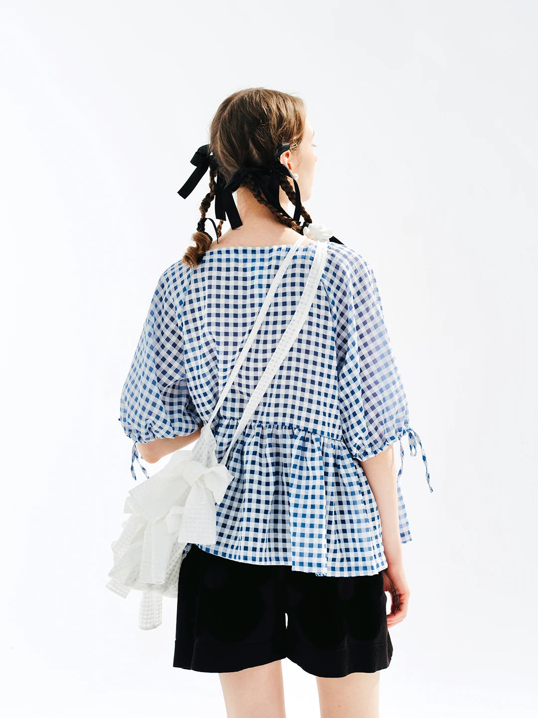 Plaid Lace-up Short Sleeve T-shirt Blouse Secondary image