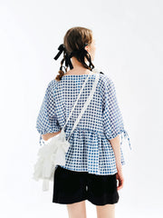 Plaid Lace-up Short Sleeve T-shirt Blouse