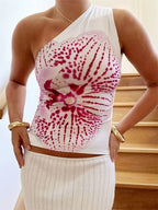 One Shoulder Vintage Floral Slash Neck Cami Top