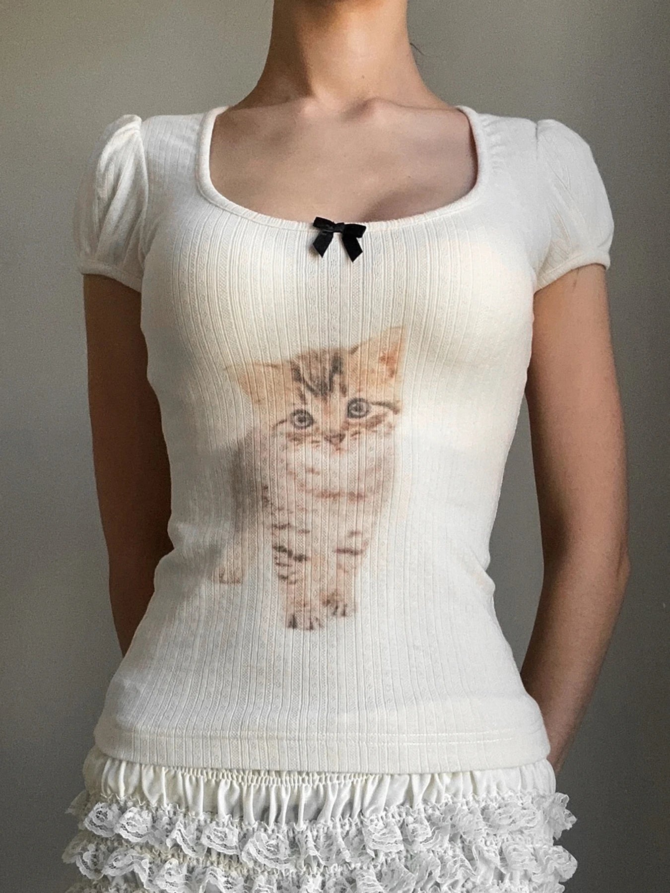 Cat Print Square Neck Slim Fit T-Shirt Crop Top Main image