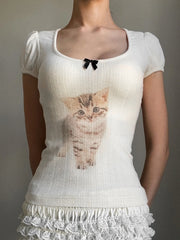 Cat Print Square Neck Slim Fit T-Shirt Crop Top