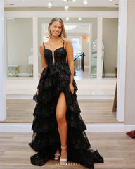 Glitter Black Layered Prom Dress