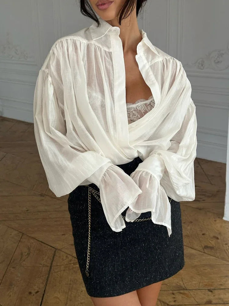 Loose See-Through Lapel Long Sleeve Blouse Secondary image