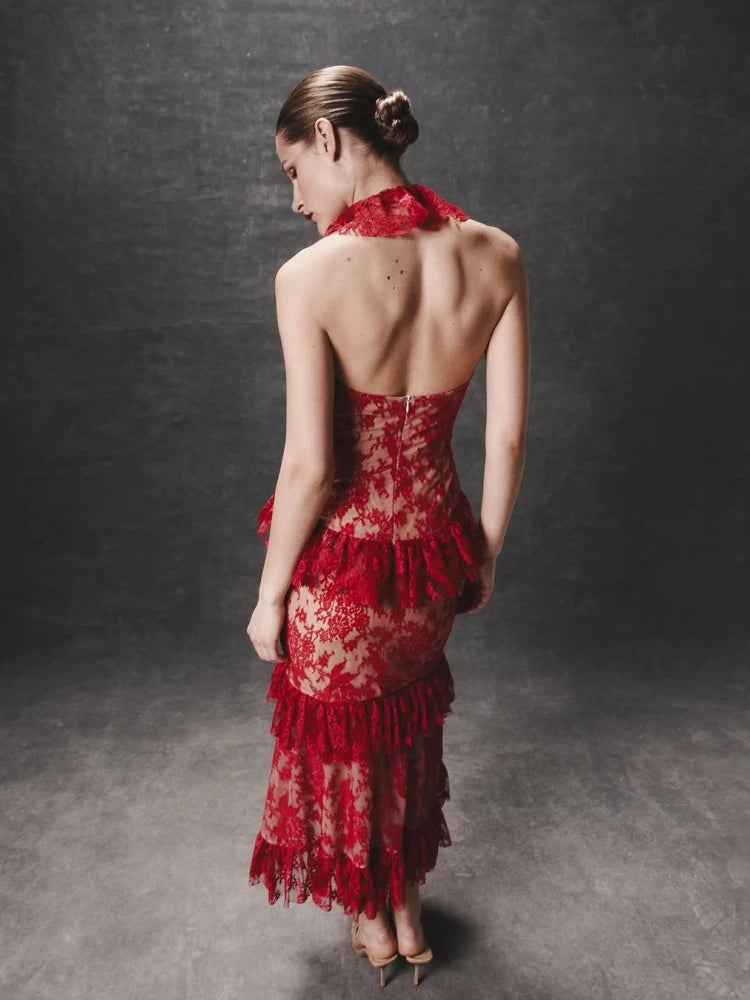 Halter Ruffles Floral Slim Midi Lace Dress Secondary image