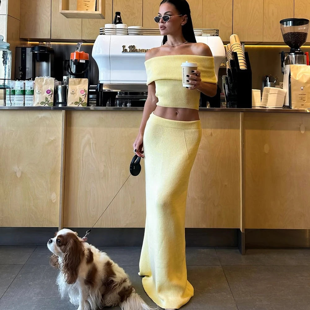 One Shoulder Slit Skirt Knit Set Secondary image