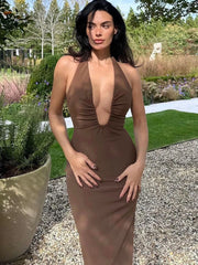 Ruched Deep V-neck Halter Midi Dress