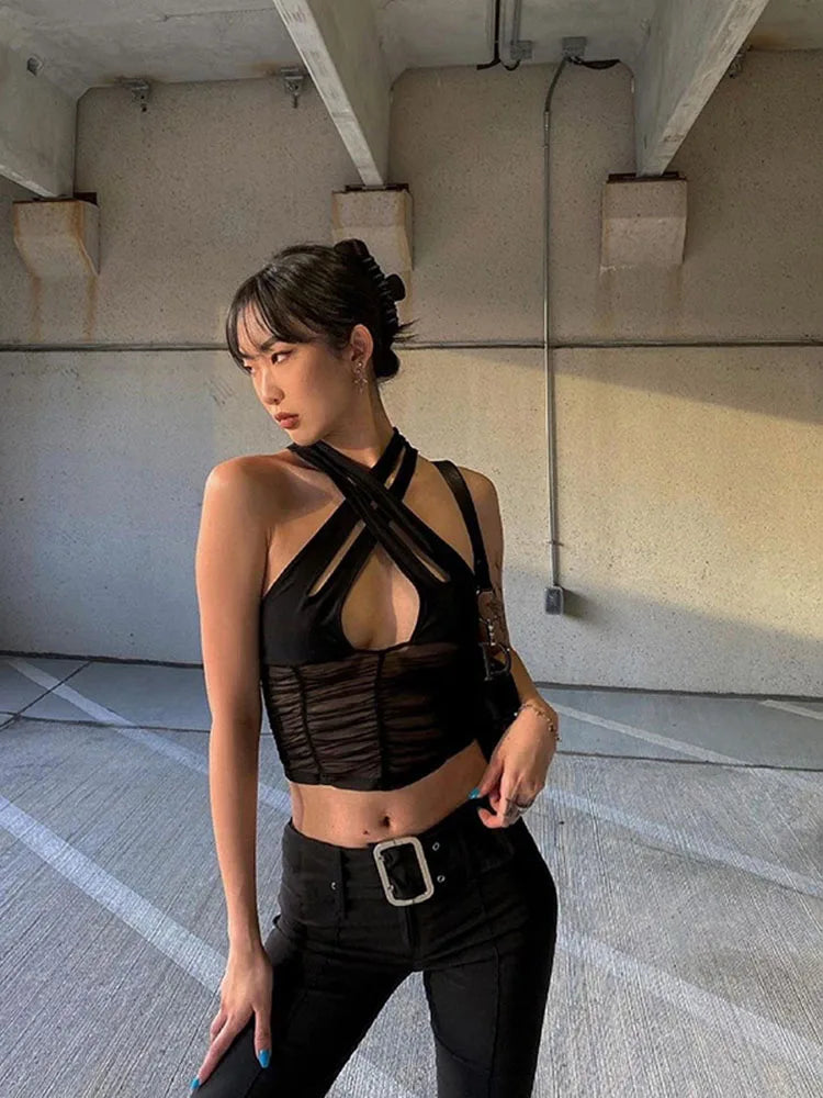 Hollow Halter Ruched Patchwork Mesh Cami Top