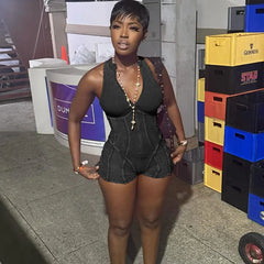 Zipper Striped Sleeveless Sporty Romper