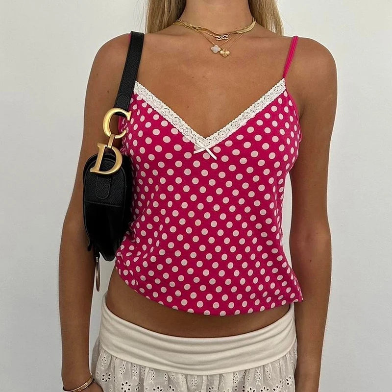 Vintage Polka Dot Lace Trim V Neck Cami Top Main image