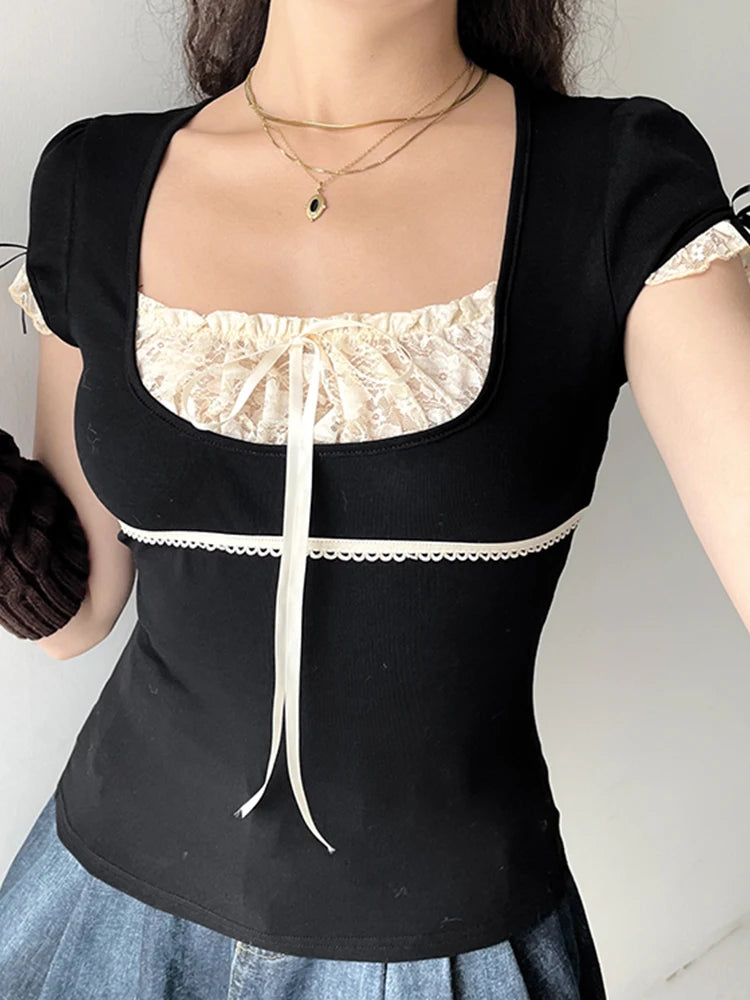 Contrast Lace Patchwork Y2K Black Crop Top Main image