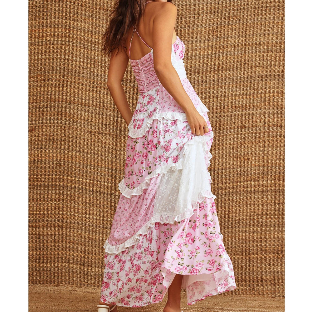 Boho Tie Shoulder Patchwork Floral Dress