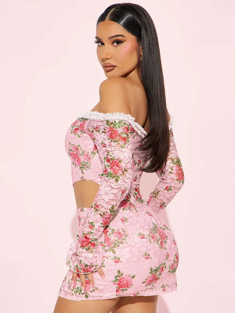 Long Sleeve Backless Hollow Floral Dress Main image